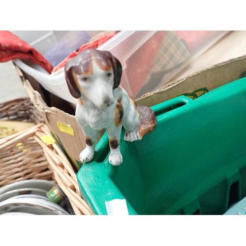 379 - Two boxes and a wicker Hamper of doll's house Furniture, Ceramics, Clogs, etc.