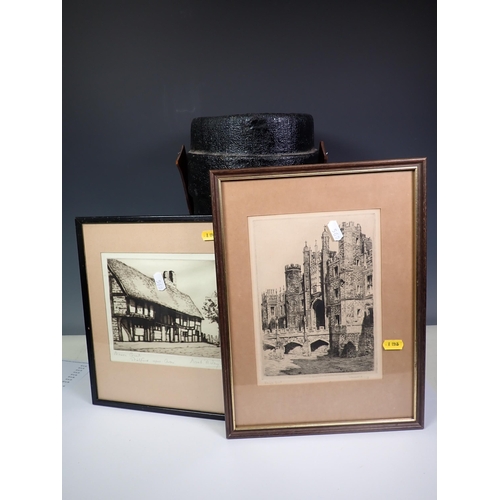 570 - A painted canvas Shell Carrier and two framed engravings