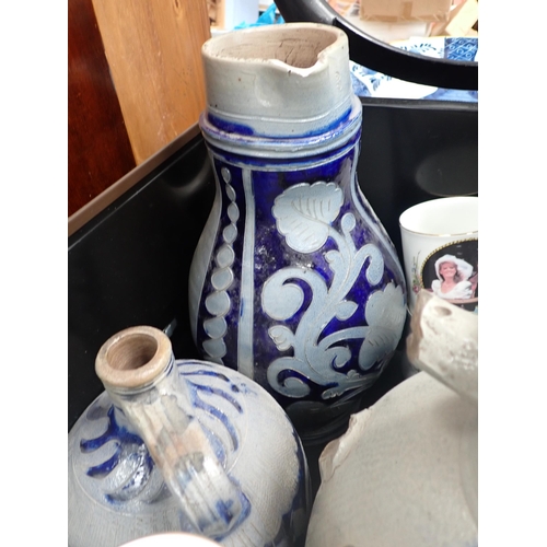 656 - Two Delft Vases with flared rims 12 and 9in in A/F, three Westerwauld type Jugs A/F, stone Hot water... 