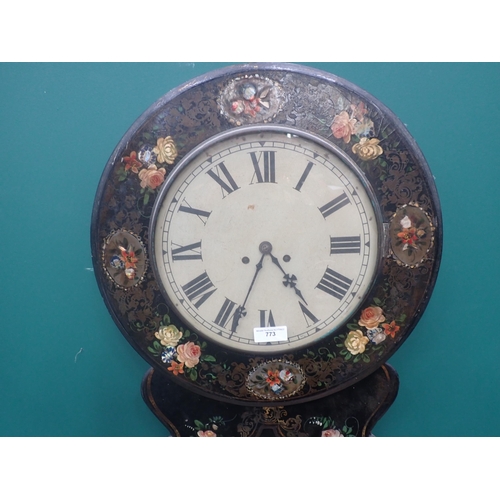 773 - An ebonised and floral painted Wall Clock, the circular dial marked with Roman numerals, 2ft 10in H