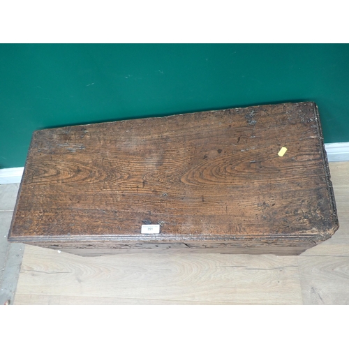 351 - A late 17th/ early 18th Century oak and elm Plank Chest with leafage carved frieze 2ft 9in W x 1ft 3... 