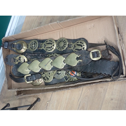 715 - Two boxes of Horse Brasses on leathers and a folding metal Stand