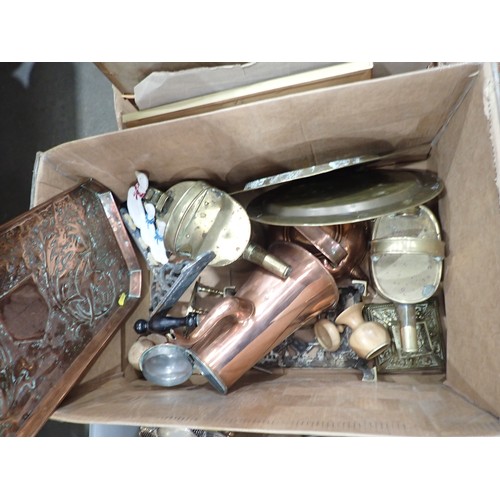 473 - Three boxes of Metalware including copper Tray, Jardiniere, Watering Can, Kettle, oak Book Trough, b... 