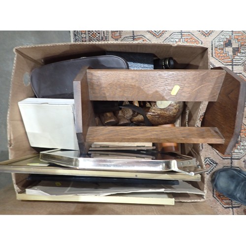 473 - Three boxes of Metalware including copper Tray, Jardiniere, Watering Can, Kettle, oak Book Trough, b... 