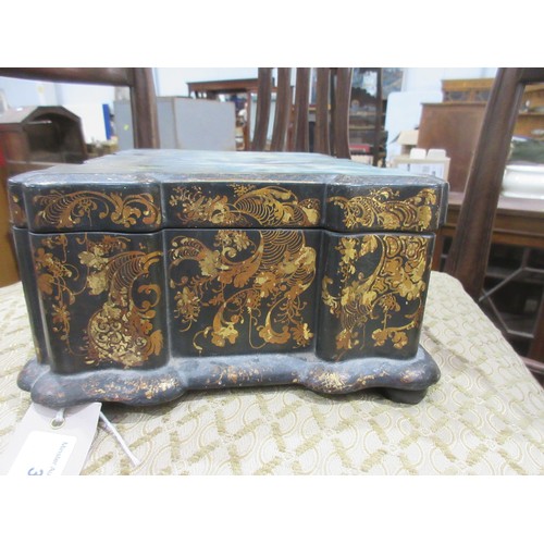 374 - A Georgian lacquered Sewing Box with painted coastal scene and gilt leafage design mounted on bun fe... 