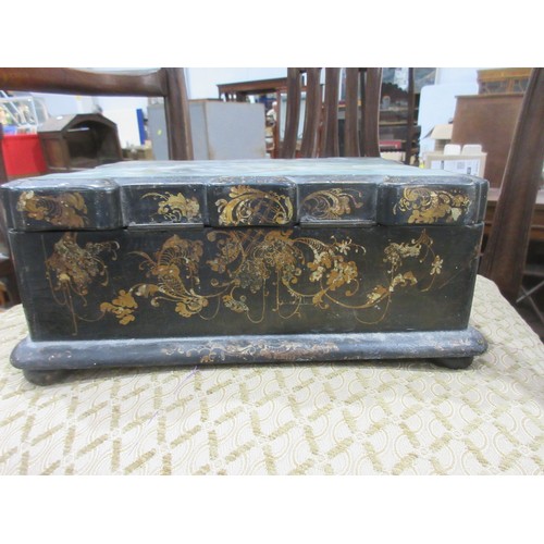 374 - A Georgian lacquered Sewing Box with painted coastal scene and gilt leafage design mounted on bun fe... 