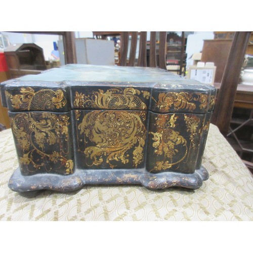 374 - A Georgian lacquered Sewing Box with painted coastal scene and gilt leafage design mounted on bun fe... 