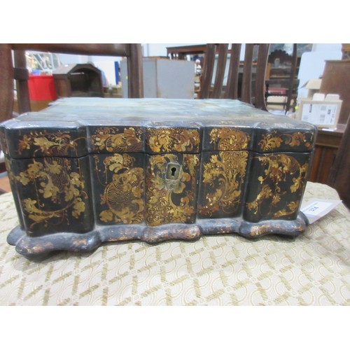 374 - A Georgian lacquered Sewing Box with painted coastal scene and gilt leafage design mounted on bun fe... 