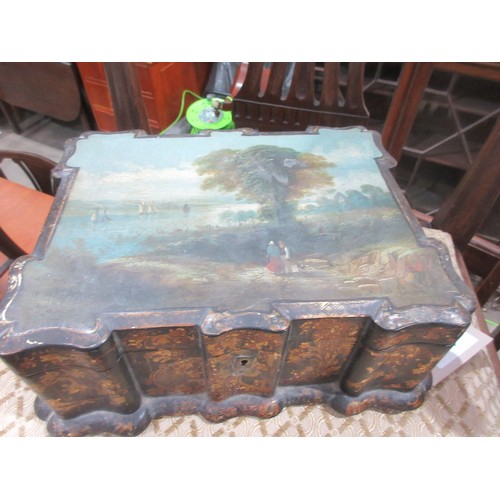 374 - A Georgian lacquered Sewing Box with painted coastal scene and gilt leafage design mounted on bun fe... 