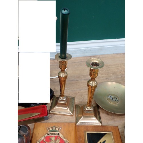 509 - A box of Regimental Plaques, Candlesticks, etc.

Table lamp WITHDRAWN from this lot