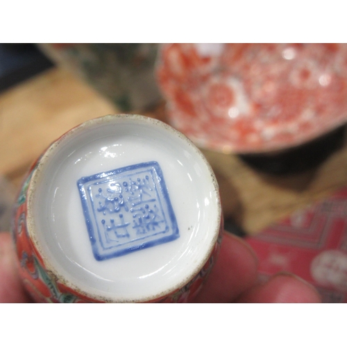 615 - A Chinese ceramic stacking Jar, a Chinese Vase on stand, pair of Bowls on stands, pair of small squa... 