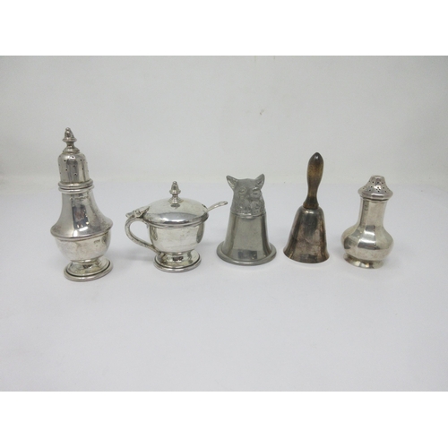 114 - A modern silver circular Mustard Pot and Pepperette, London 2001, another Pepperrette, a plated Bell... 