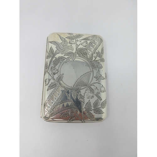 139 - A Victorian silver Card Case with japanesque bird, insect fan and floral engraving, blue interior di... 