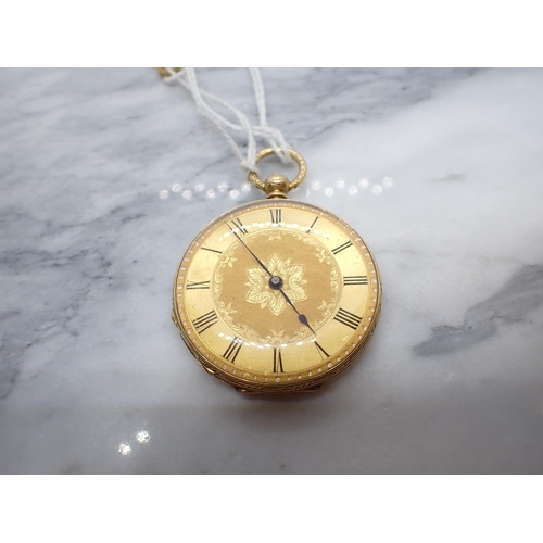 153 - An 18ct gold cased open faced key wind Pocket Watch the floral engraved dial with roman numerals, pl... 