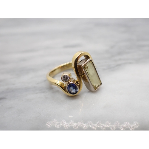 155 - A contemporary gem-set asymmetric Ring rubover-set step-cut yellow beryl, oval-cut sapphire and bril... 