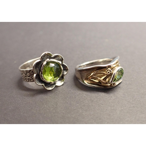 164 - A bi-metal Peridot Ring rubover-set pear-cut stone to applied gold mount on silver, ring size N and ... 