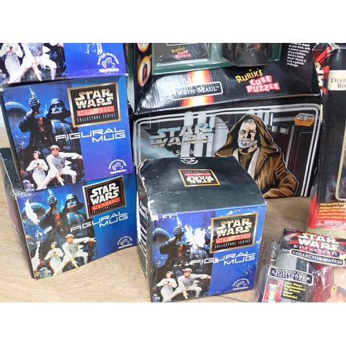 19 - A box of Star Wars Collectables including Room Alarm, Watch, Mugs, etc.