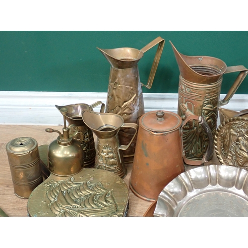 21 - Two boxes of brass including Powder Flask, Jugs, Bellows, etc.