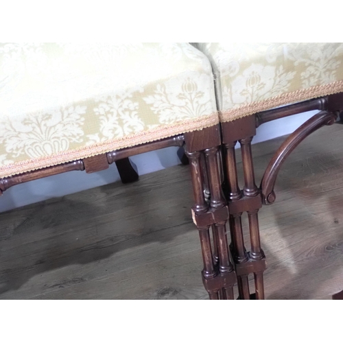 261 - A set of Chinese Chippendale style mahogany Dining Chairs with gold stuff over seats mounts upon clu... 