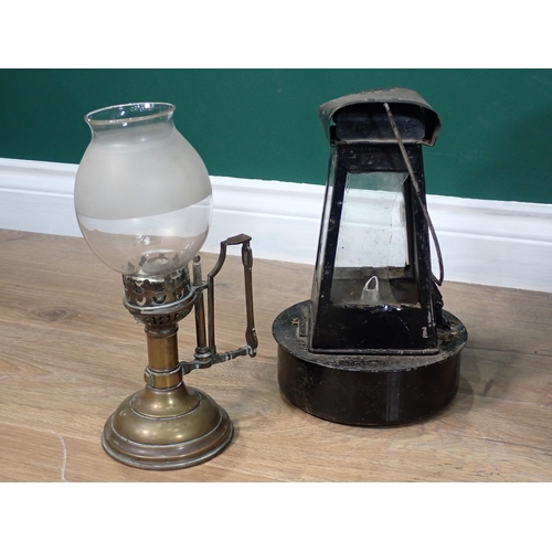 274 - A box of Oil Lamps, Lanterns, brass Table Lamp, cooking Pot and a large Kettle