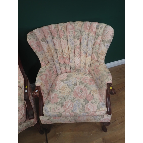 280 - A Victorian style yellow upholstered Wingback Armchair, two fan back Armchairs and a brown leather F... 