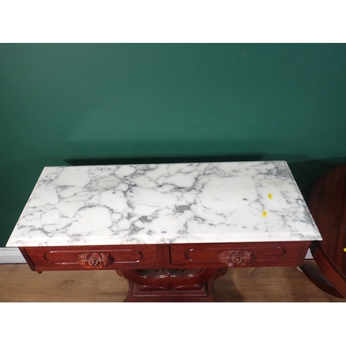 289 - A reproduction marble topped Side Table fitted two frieze drawers 3ft 2in W x 2ft 6in H and a mahoga... 