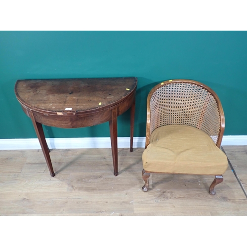 292 - A Georgian mahogany demi-lune fold over Card Table 3ft W x 2ft 5in H A/F and a cane backed Bedroom C... 