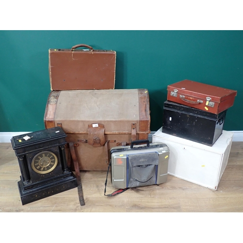 295 - An antique canvas and leather dome topped Trunk, tin Deeds Box, Luggage Cases and a Victorian black ... 