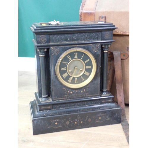 295 - An antique canvas and leather dome topped Trunk, tin Deeds Box, Luggage Cases and a Victorian black ... 