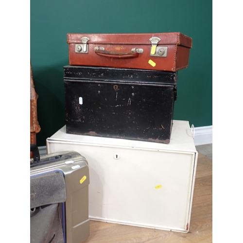 295 - An antique canvas and leather dome topped Trunk, tin Deeds Box, Luggage Cases and a Victorian black ... 