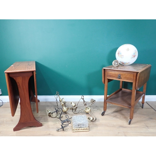 296 - A melamine drop leaf Kitchen Table, oak Tea Trolley, brass three branch Electrolier and other Lights... 