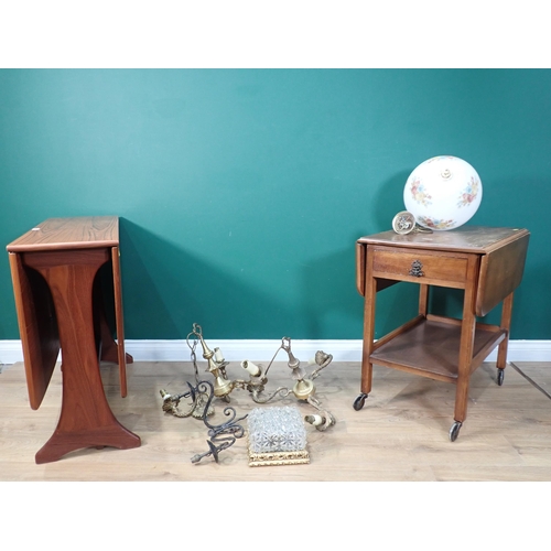 296 - A melamine drop leaf Kitchen Table, oak Tea Trolley, brass three branch Electrolier and other Lights... 