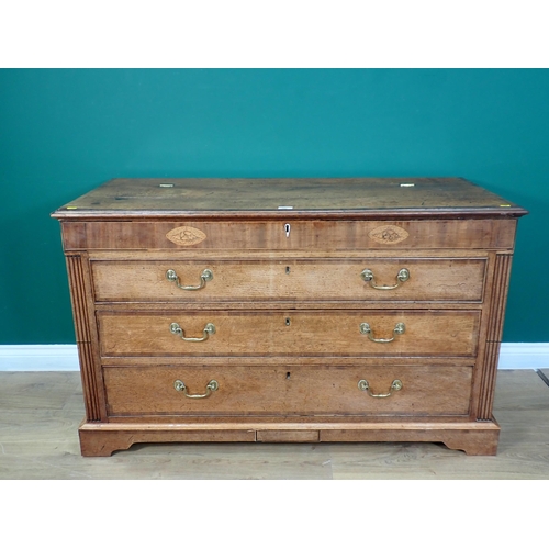 302 - A George III oak and mahogany crossbanded Lancashire Chest with shell inlay fitted two drawers mount... 