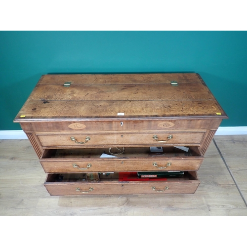 302 - A George III oak and mahogany crossbanded Lancashire Chest with shell inlay fitted two drawers mount... 