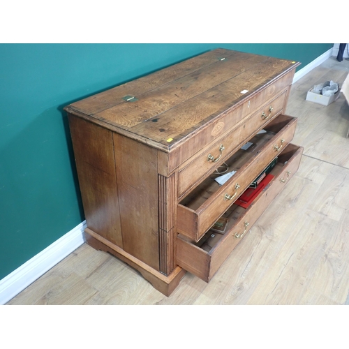 302 - A George III oak and mahogany crossbanded Lancashire Chest with shell inlay fitted two drawers mount... 