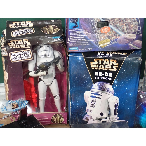 34 - Two boxes of Star Wars and Star Trek Models and collector's items including Storm Trooper Room Alarm... 