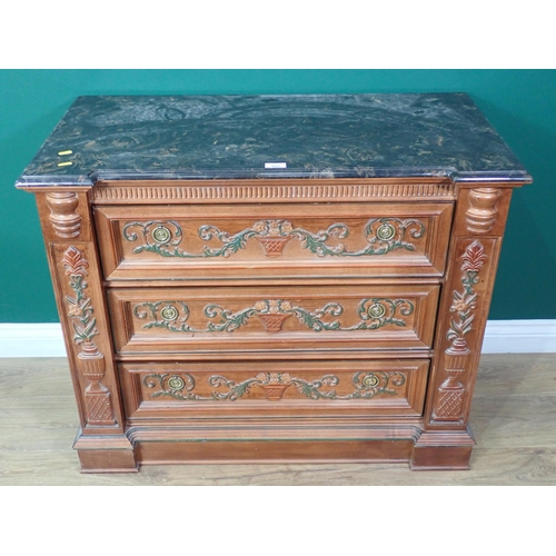 353 - A French walnut marble topped Chest fitted three drawers with leafage carved design 3ft 1in W x 2ft ... 