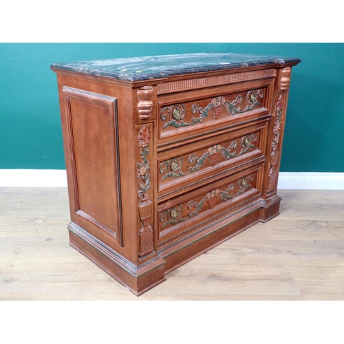 353 - A French walnut marble topped Chest fitted three drawers with leafage carved design 3ft 1in W x 2ft ... 