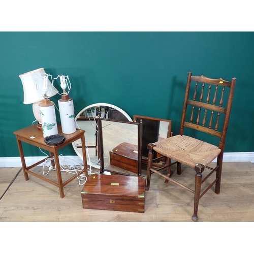 366 - A rush seated Chair, two Dressing Mirrors, a 19th Century mahogany and brass bound Writing Slop, pai... 