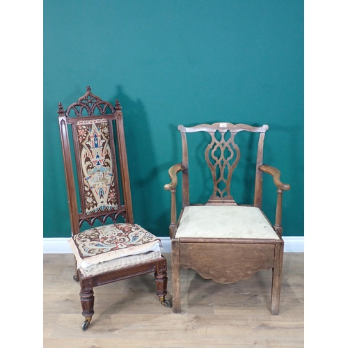 369 - A Georgian mahogany Commode Elbow Chair and a Victorian rosewood Gothic Prayer Chair