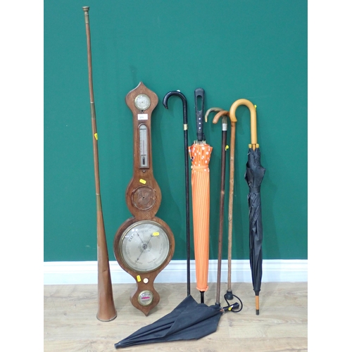 371 - Three Umbrellas, a horn handled Walking Stick, Walking Stick, a copper Coaching Horn and a 19th Cent... 