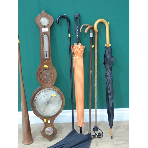 371 - Three Umbrellas, a horn handled Walking Stick, Walking Stick, a copper Coaching Horn and a 19th Cent... 