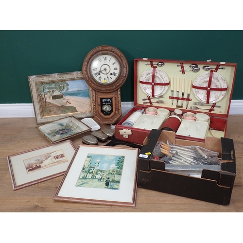 374 - A Brexton Picnic Hamper, a carved oak cased Wall Clock, two Watercolours, Oil Painting, Briefcase wi... 