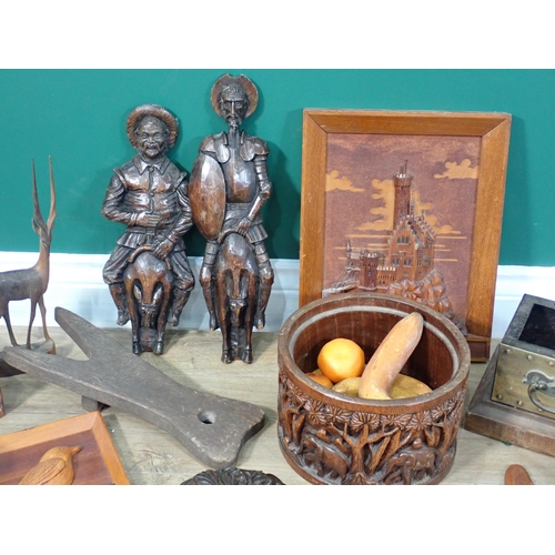 39 - A box of Carvings and Treen including African Fruit Bowl, oak Casket, Boot Jack, Boomerang, Puppet, ... 