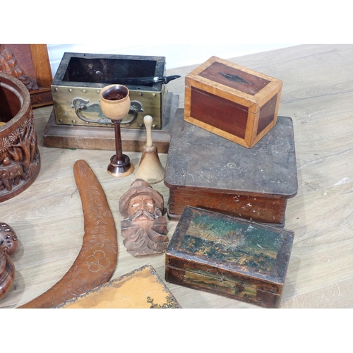 39 - A box of Carvings and Treen including African Fruit Bowl, oak Casket, Boot Jack, Boomerang, Puppet, ... 