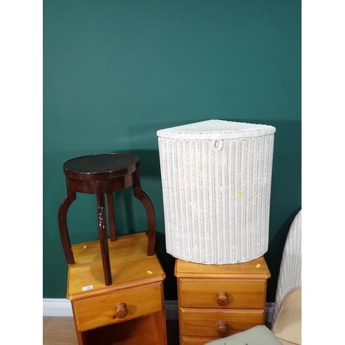 395 - Two modern pine Bedside Cabinets, a Plant Stand, a wicker Linen Basket, Nursing Chair and Piano Stoo... 