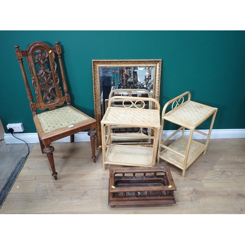 451 - A carved oak Single Chair, a gilt framed Wall Mirror, two bamboo Stands and wooden planter (lacking ... 