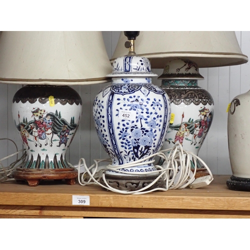 453 - A quantity of Table Lamps including a pair of square section in blue and white, a pair with white pi... 