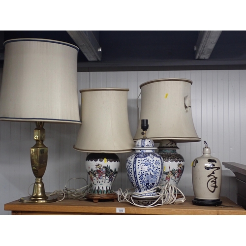 453 - A quantity of Table Lamps including a pair of square section in blue and white, a pair with white pi... 