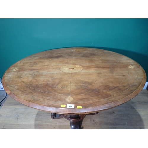 458 - A Victorian walnut Loo Table with inlaid top on baluster turned column and scrolled supports. 3ft 4